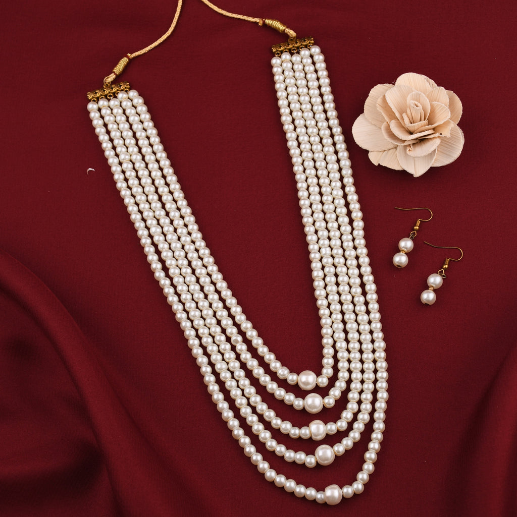 Pearls Mala 5 Line White Color With Earrings Livasaa Jewellers