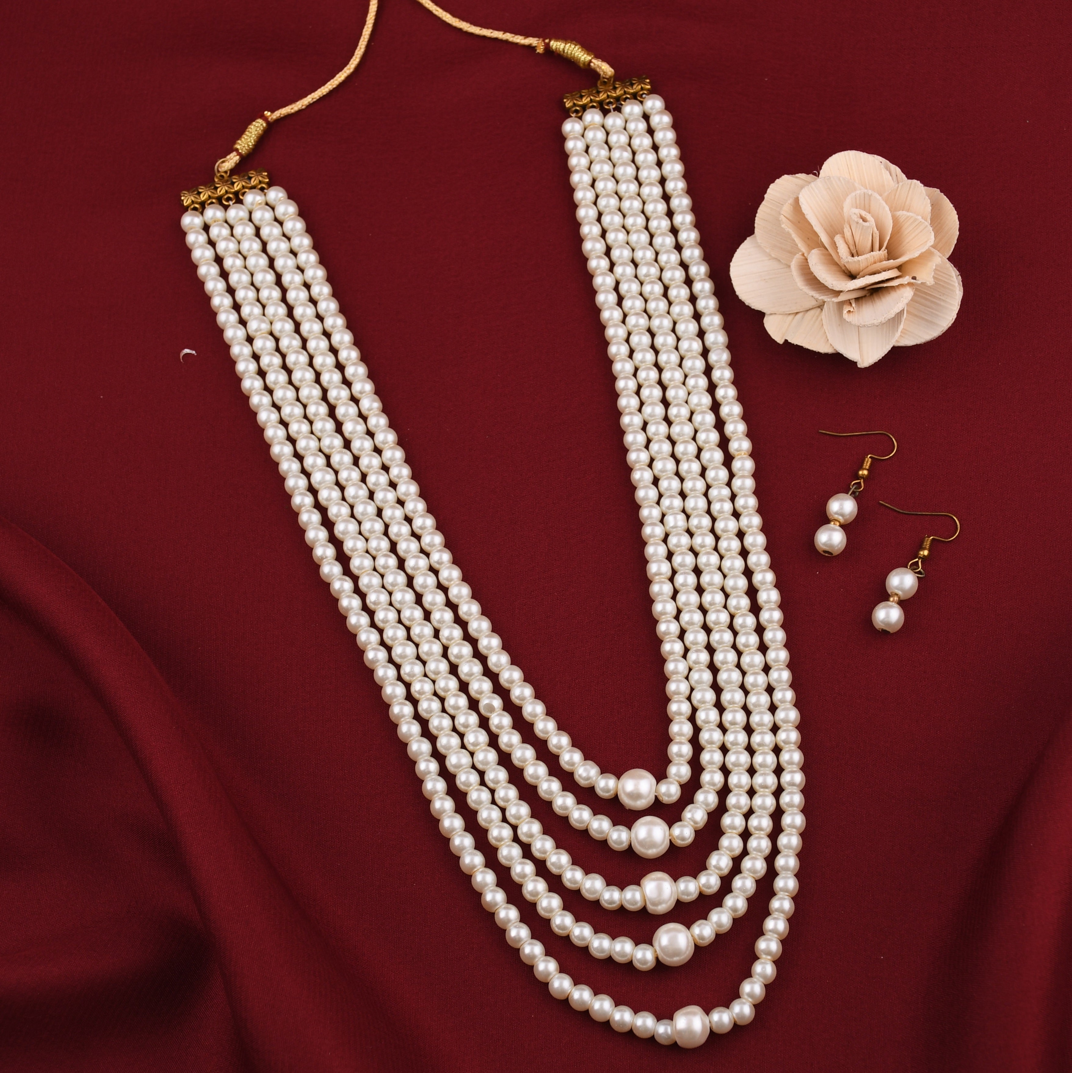 Pearls Mala 5 Line White Color With Earrings Livasaa Jewellers