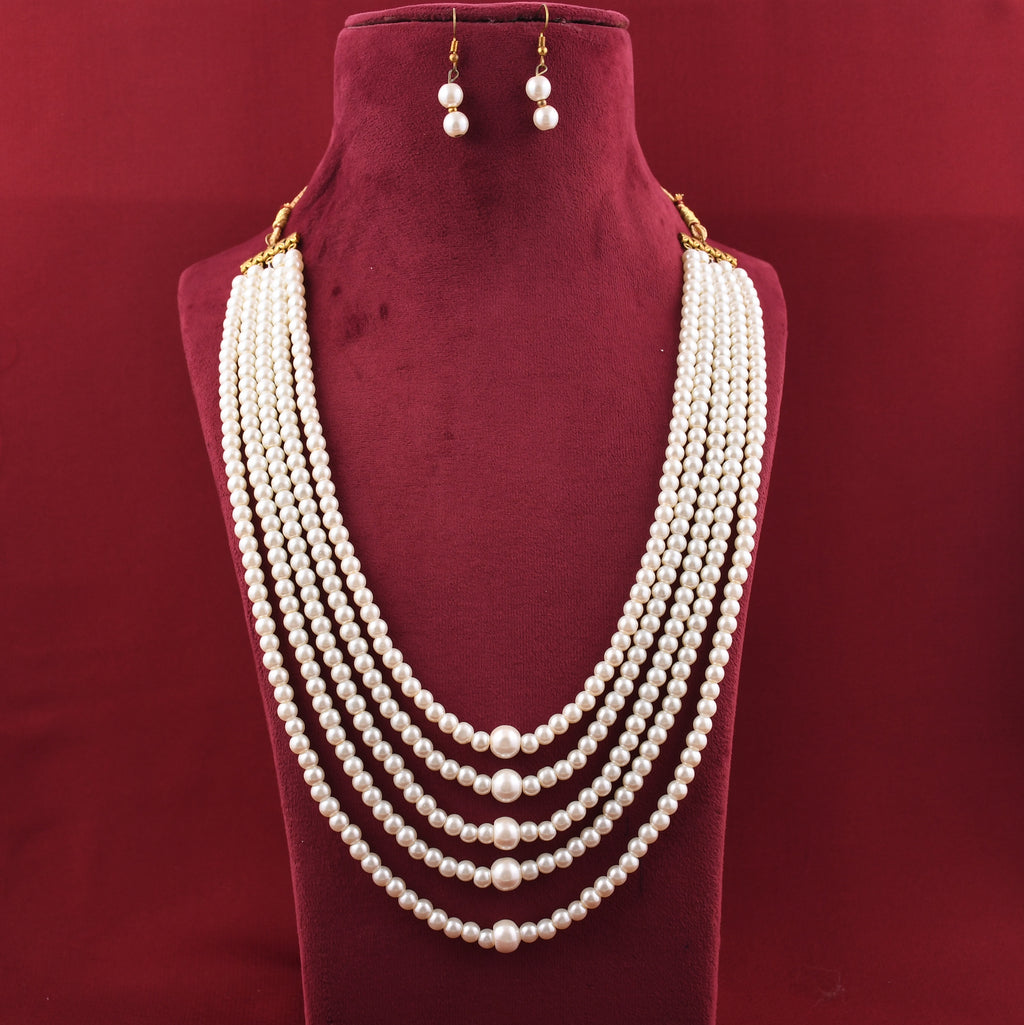 Pearls Mala 5 Line White Color With Earrings Livasaa Jewellers