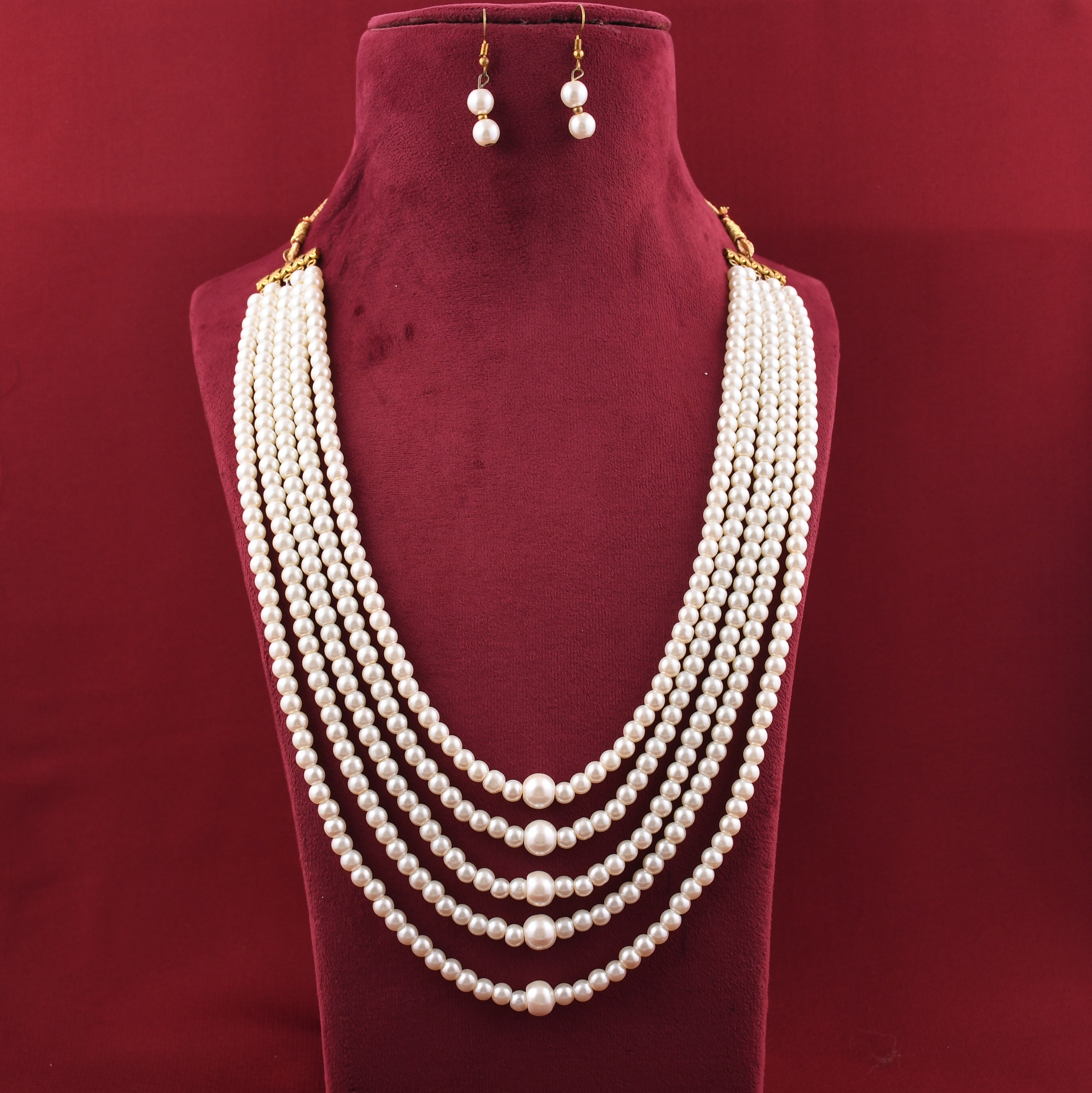 Pearls Mala 5 Line White Color With Earrings Livasaa Jewellers